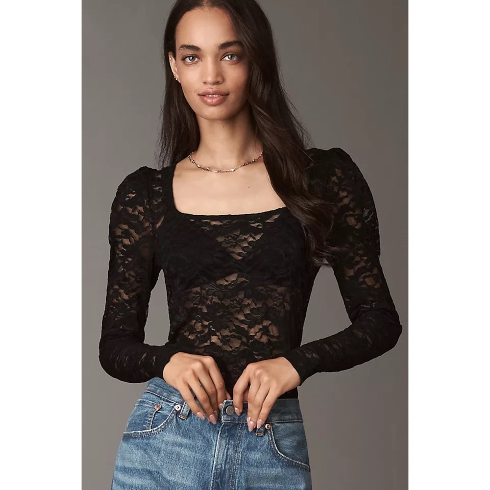Anthropologie Puff-Sleeve Sheer Lace Top Blouse in Black Onyx Size S NWT - Picture 1 of 13